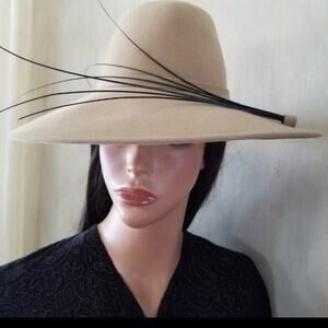 Upper Class Hats by Blima Camel Wide Brim Designer Hat Long Feather Accent